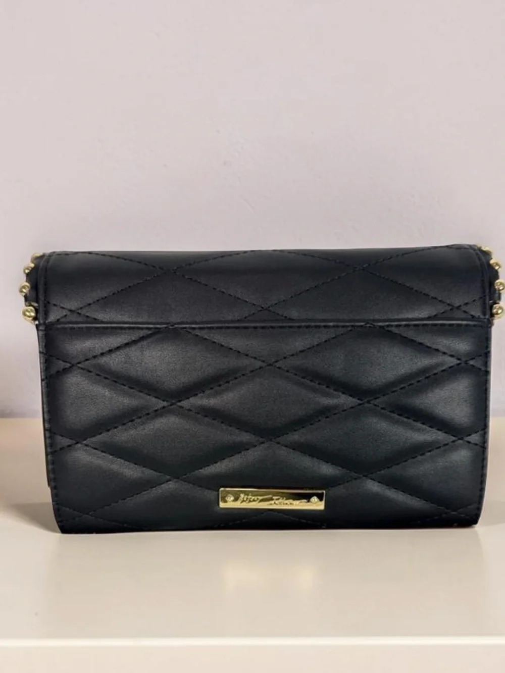 Betsey Johnson Black Quilted Crossbody with Gold Studs & Chain